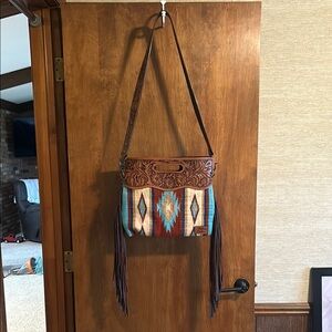 Brown and Blue Patterned Fringe Bag
